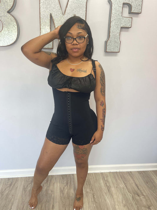 Black high back compression faja shapewear, front view, for post-op recovery and everyday wear
